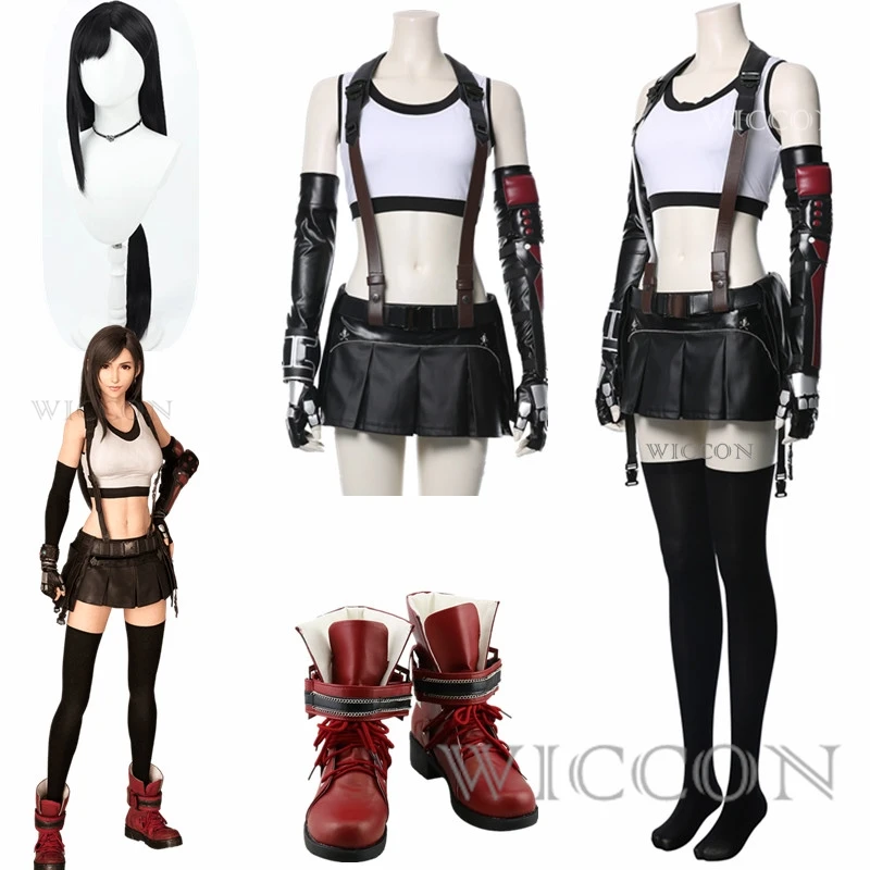 Kostium Cosplay Final Fantasy VII Remake Tifa Lockhart dla Dorosłych Kobiet Dziewcząt Peruka Buty Strój na Halloween Karnawał