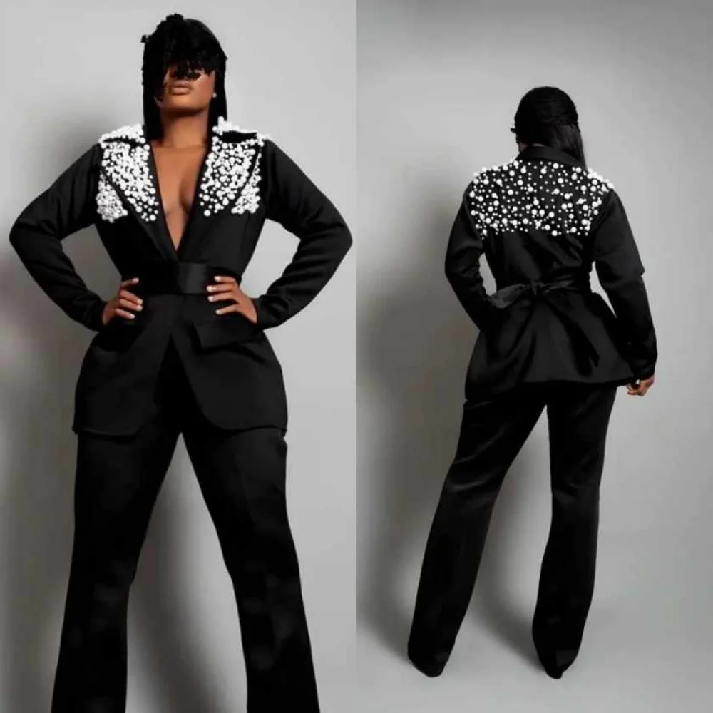 

Spring Chic Women's Suit 2 Piece Jacket Pants Pearls Peaked Lapel Prom Lady Business Occasion Blazer Customized