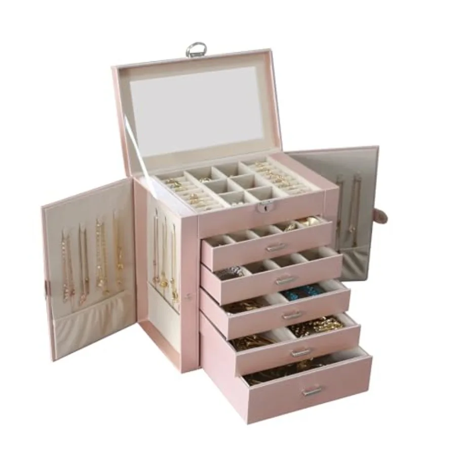 Jewelry Box For women 6 Layer Large Jewelry Organizer With Mirror Multi-Function Storage Box With Lock Accessory Holder With 5