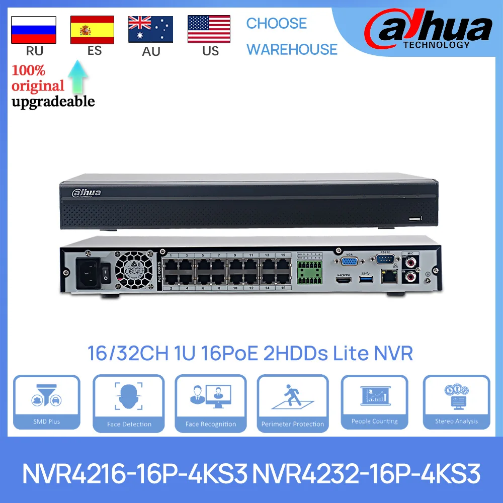 Dahua Original NVR4216-16P-4KS3 NVR4232-16P-4KS3 16CH/32CH 1U 16PoE 2HDDs Lite AI Network Video Recorder 2 SATA Face Detection