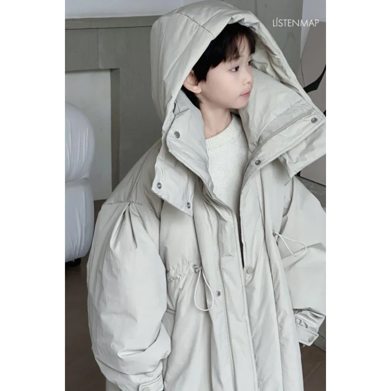 سترة شتوية طويلة للأولاد لعام 2025 معطف منتفخ سميك يشبه الأسفل سترة كورية عصرية غير رسمية بلون سادة سترة طويلة دافئة #5