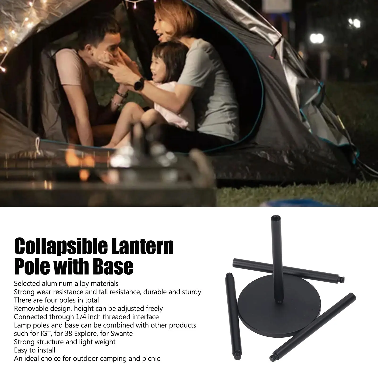 Portable Collapsible Lamp Stand Pole with 1/4 inch Threaded Design - Easy Installation, 4 Sections for outdoor Camping