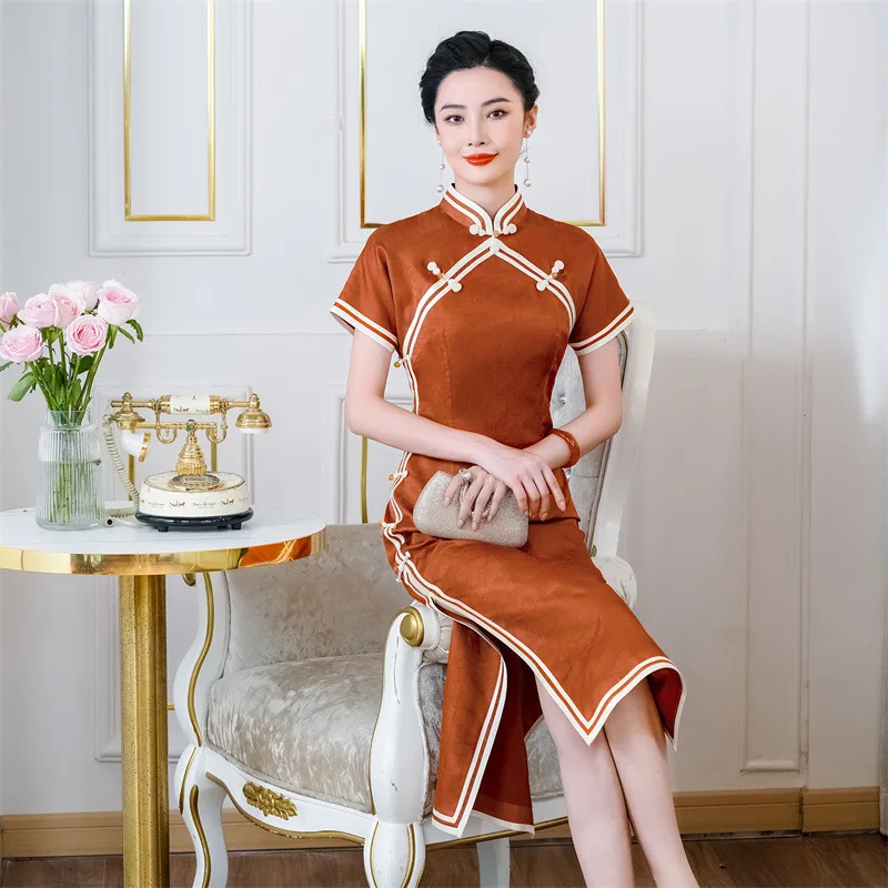 High Quality  Real Silk Comfortable Skin-Friendly Breathable National Style Retro Temperament Long Cheongsam Qipao Dress Women's