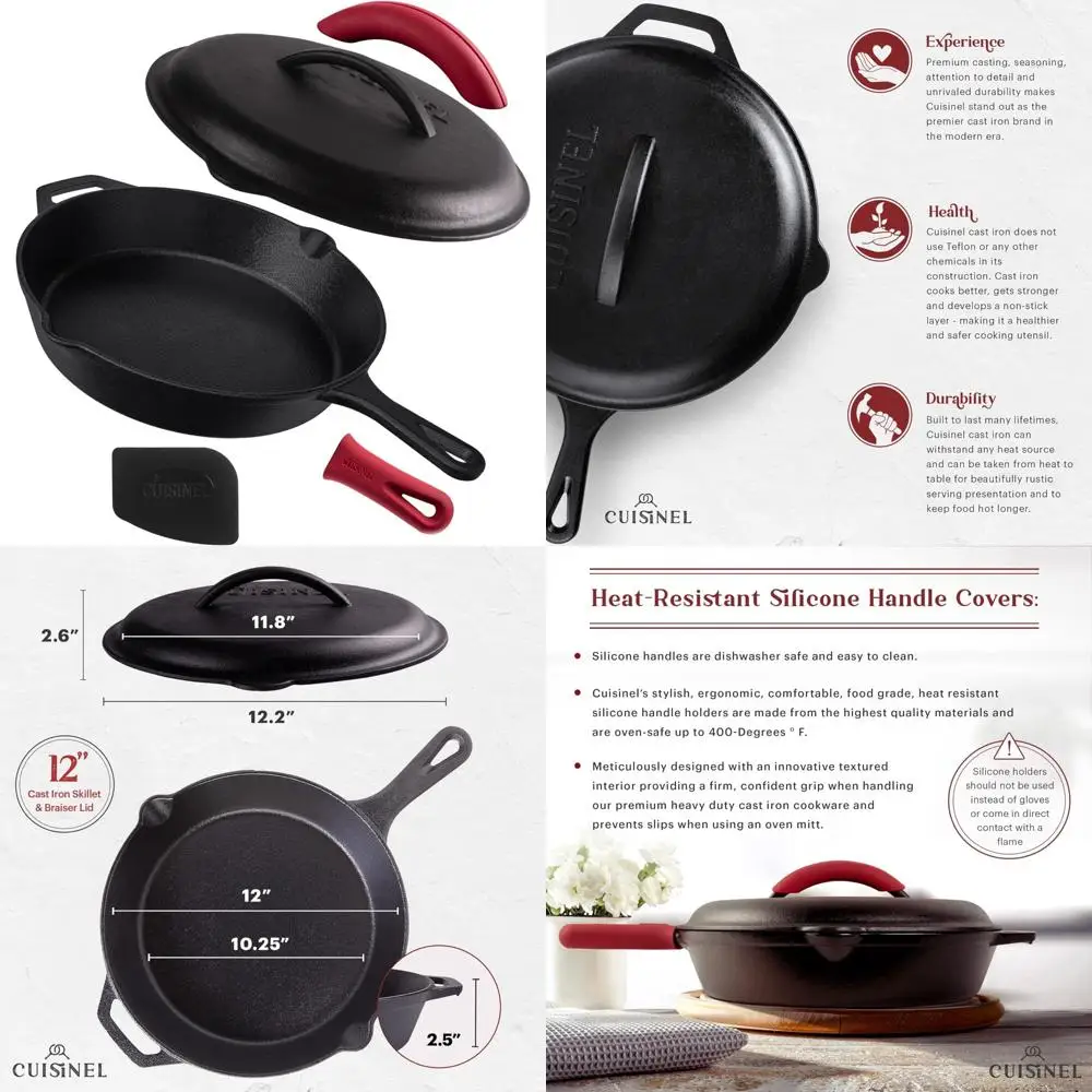 

12-Inch Pre-Seasoned Cast Iron Skillet Set with Lid, Silicone Handle, Lid Holder, and Scraper/Cleaner