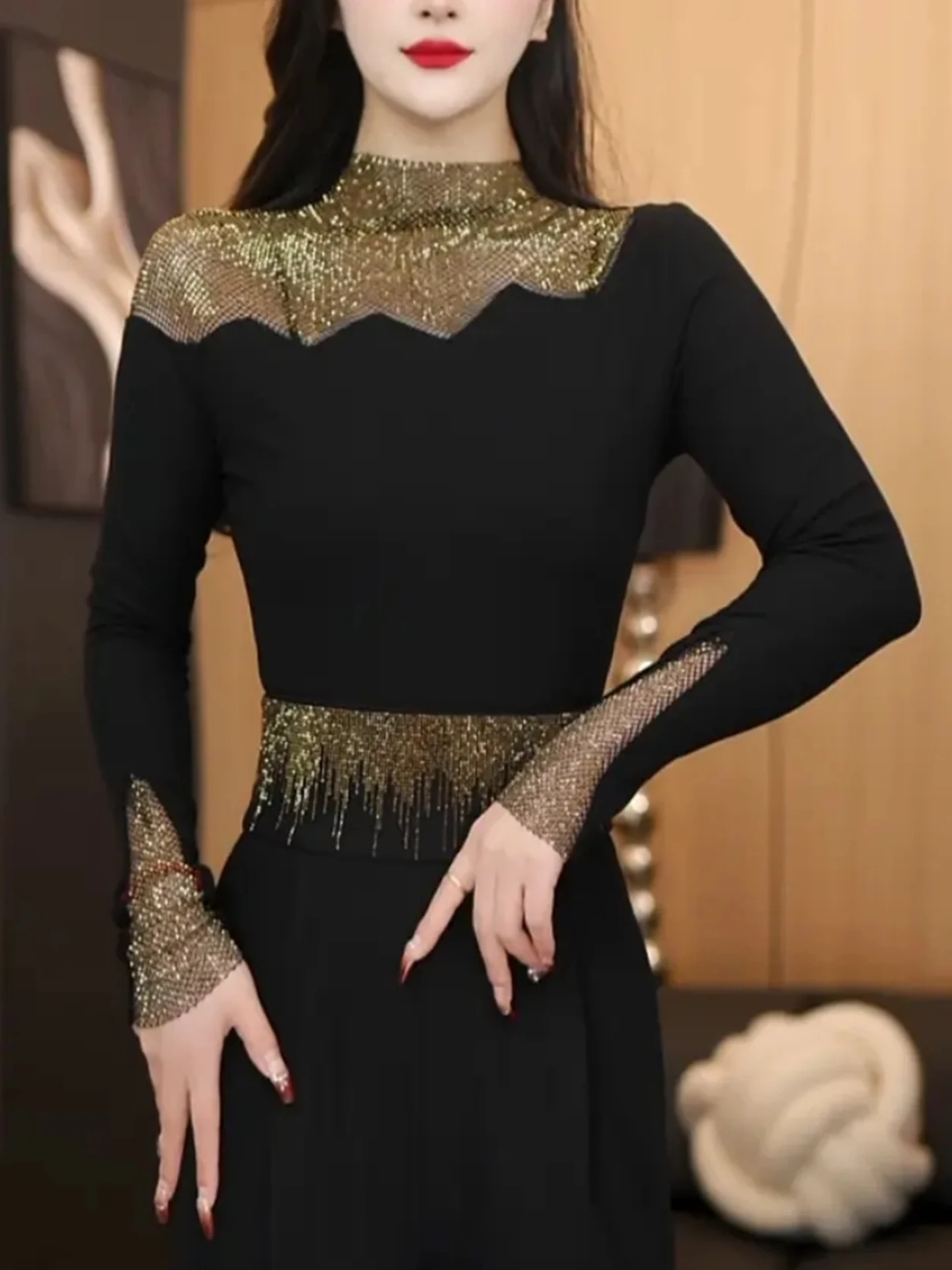 

Slim Fit Wave Rhinestone T-irt Women's Faionable Warm Sexy Base irt Long Sve Diamond Glittering High Collar Casual C...