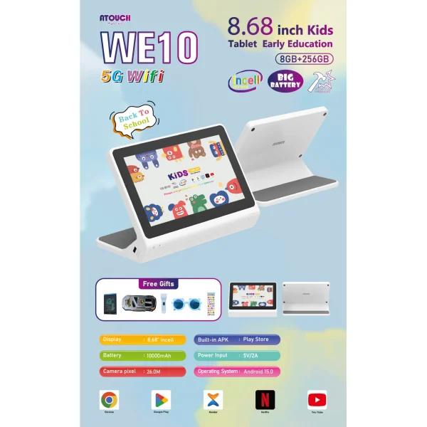 ATOUCH WE10 8.68 Inch Kids Tablet, Android 15 Tablet PC with 8GB RAM + 256GB ROM, 10000mAh Big Battery, Dual Camera