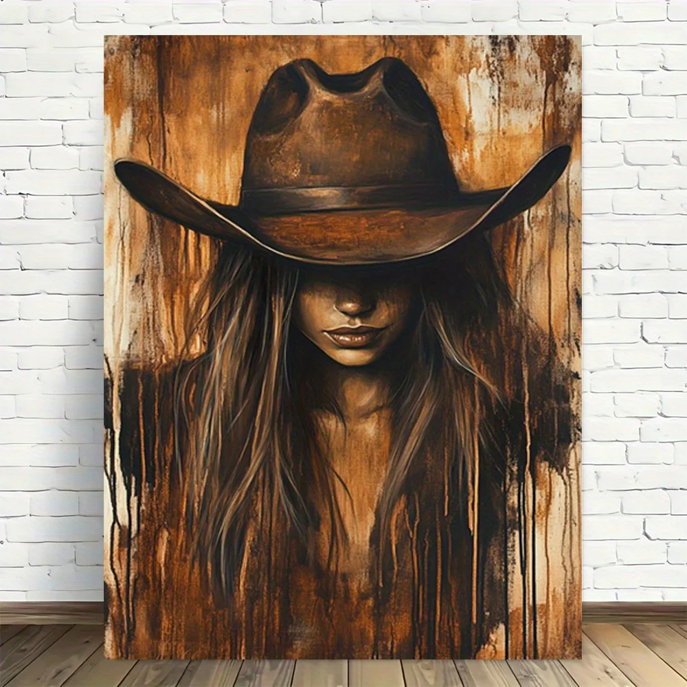 2D Flat, 2D Flat, 1pc, Cowgirl Hat Art Print Frameless Canvas Wall Art Modern Vintage Design, High Quality Printed Poster, El