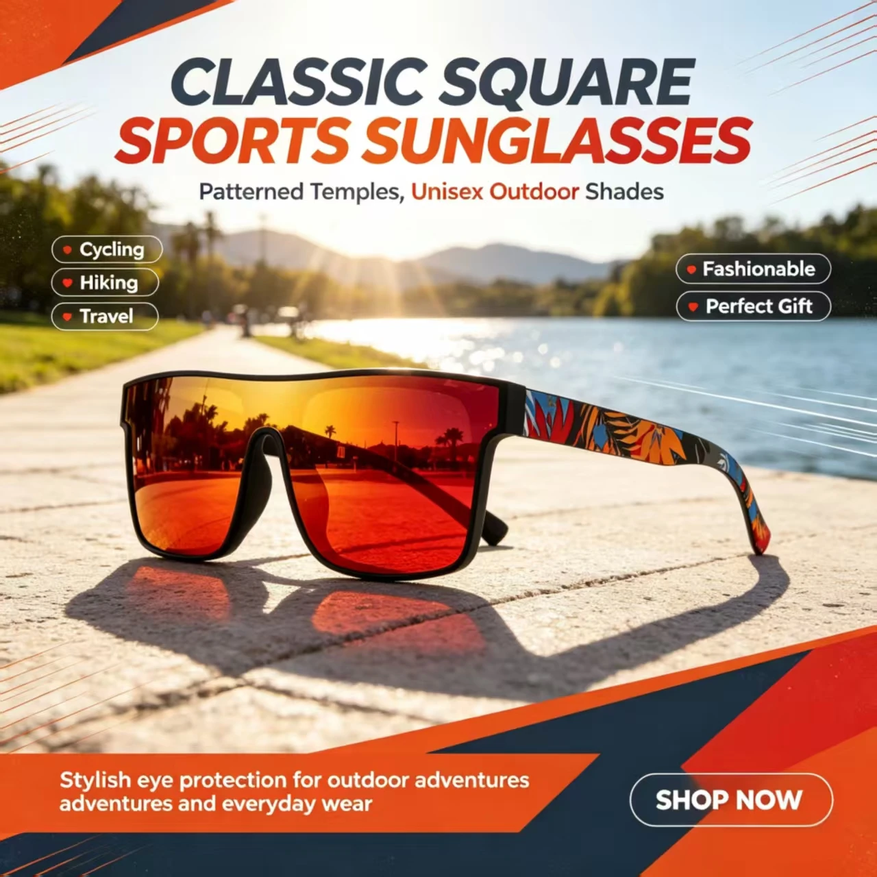Classic Square Sports Sunglasses, Patterned Temples Unisex for Motorcycle Cycling Hiking Travel