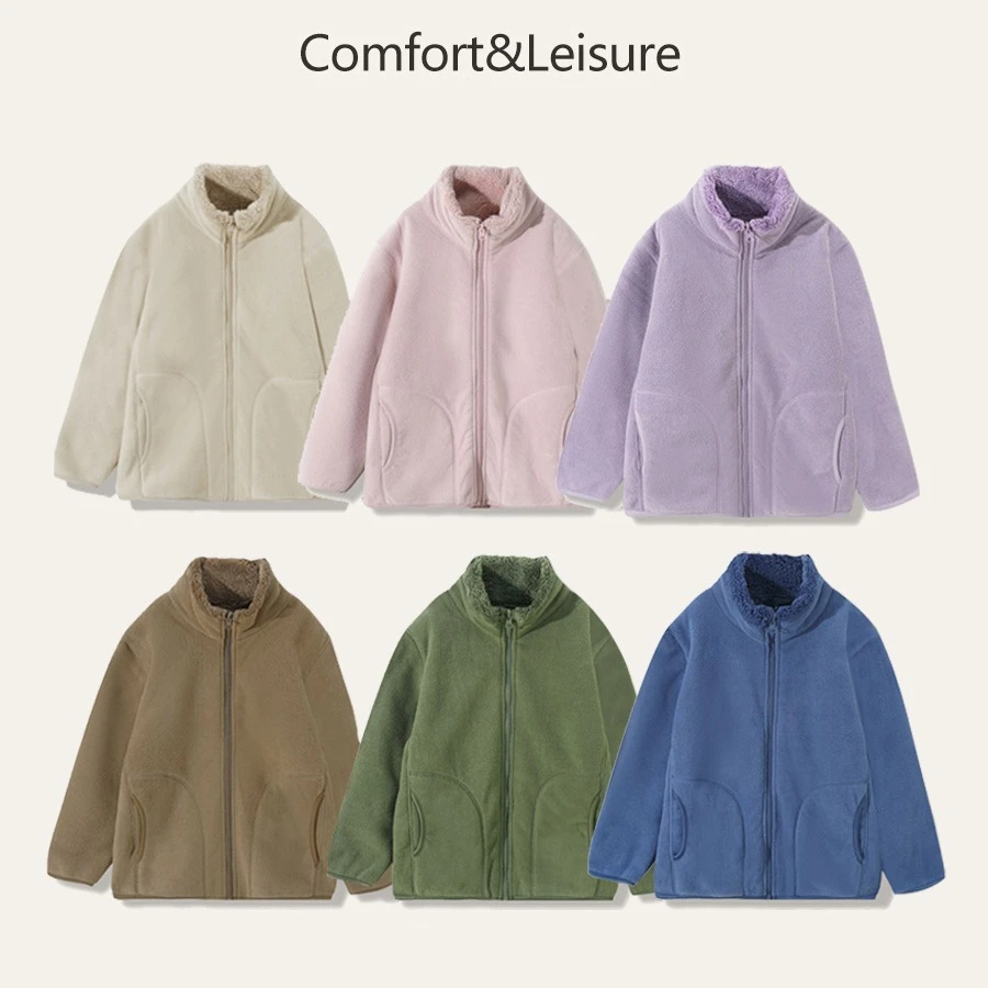 Kids 6 Colors Double-sided Polar Fleece Jacket Stand Collar Zip Warm Winter Windproof Soft Casual School Outdoor Thickened Coat