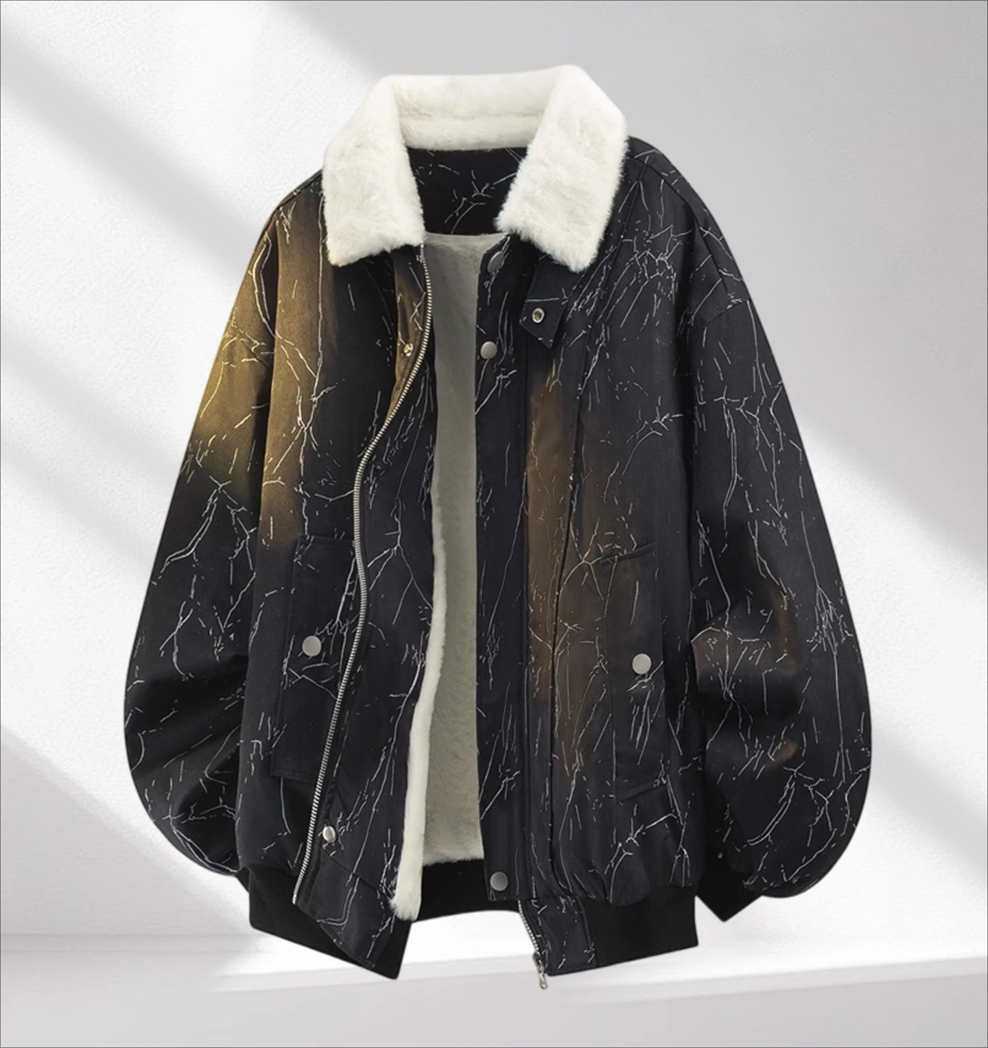 2025 Autumn Winter New Men's Black Gray Green Turn-down Collar Fleece Jacket Thickened Cold-proof Casual Off-white Hooded Coat