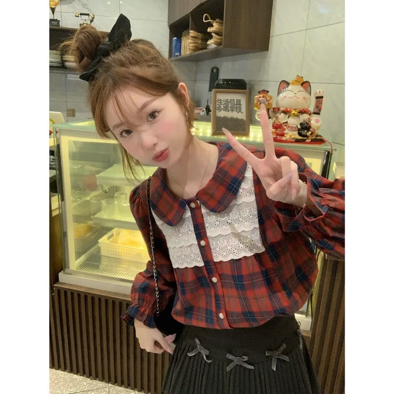 Camicie da donna con colletto scozzese con bottoni moda primavera estate Femme T-shirt a maniche lunghe versatile in cotone sottile con pizzo vintage