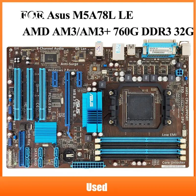 Go! Used Asus M5A78L LE Original Desktop Motherboard AMD 760G Socket AM3+ DDR3 32G SATA2 USB2.0 ATX