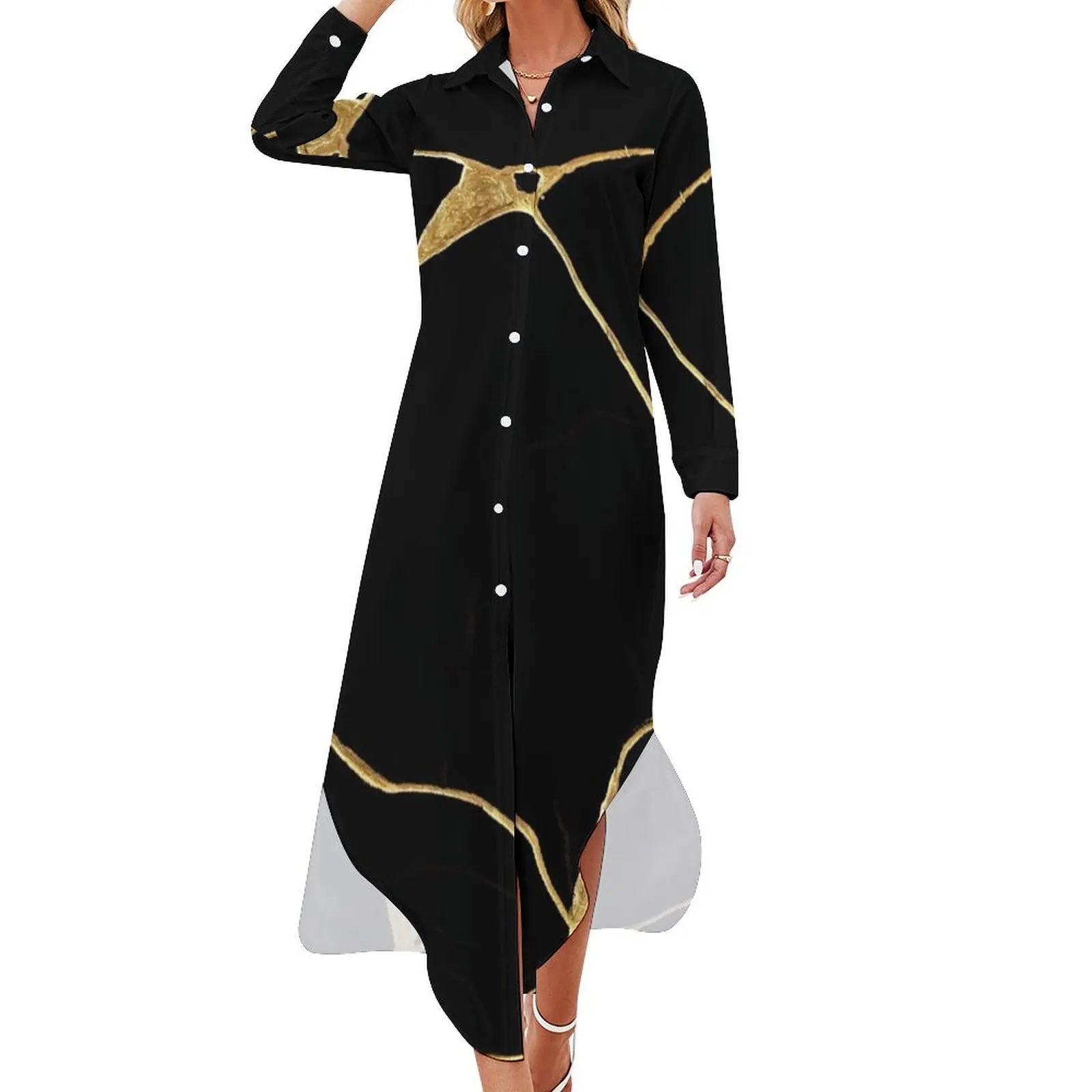 

Japanese Black and Gold Kintsugi Art Long Sleeved Shirt Dress prom dress Casual dresses