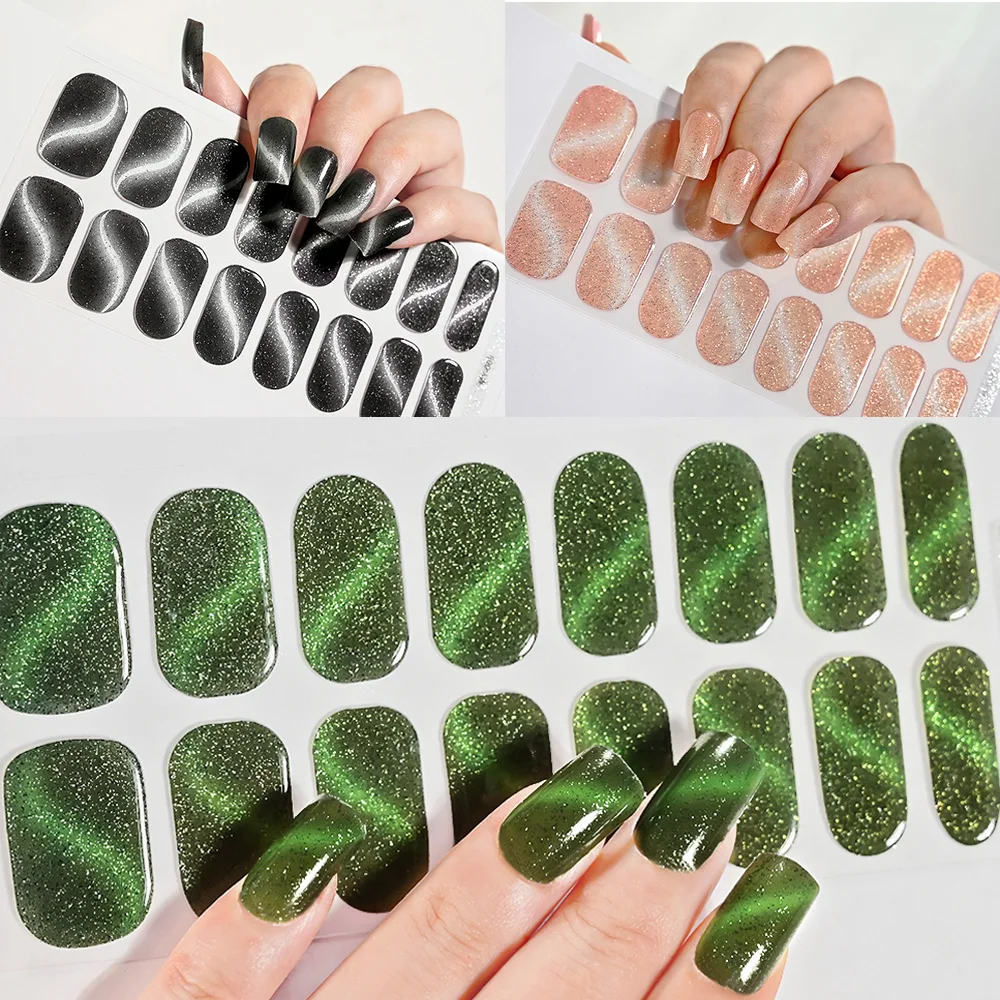 ﻿ 16 наконечников, чёрный кошачий глаз, полутвердый гель, наклейки для ногтей, блестящие, тонкие, блестящие, наклейки для ногтей, слайдер, искусственный гель, УФ-стикер