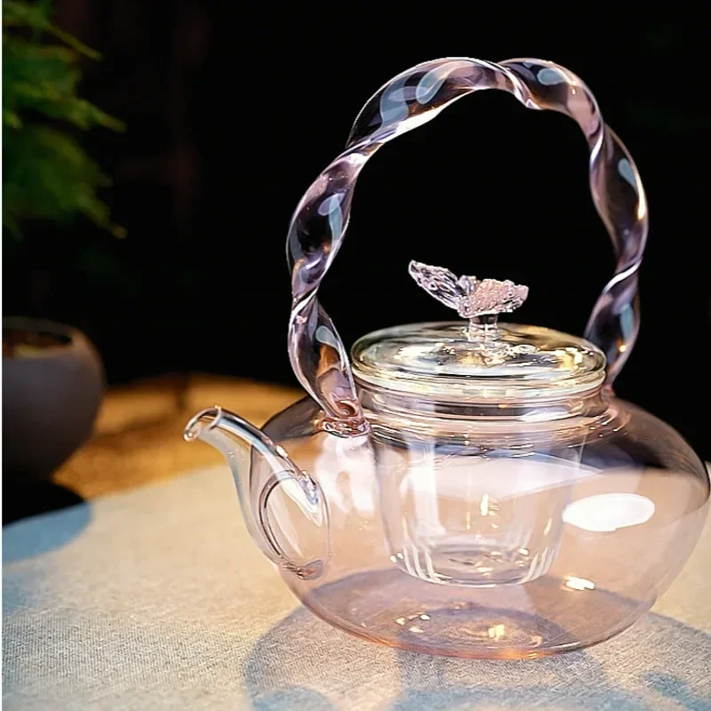 New Arrivals Home Pink Glass Boiled Teapot High Borosilicate Heat Resistant Flower Tea Kettle Creative Girls Special Beam Pot