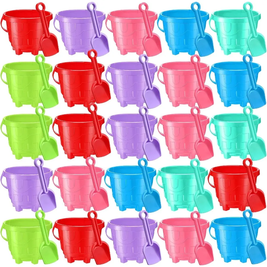 Paquet de 24 seaux de sable de 7.5 pouces en vrac pour enfants, seaux de plage en plastique avec pelles, moule de château de plage amusant, jouets de sable pour piscine d'été