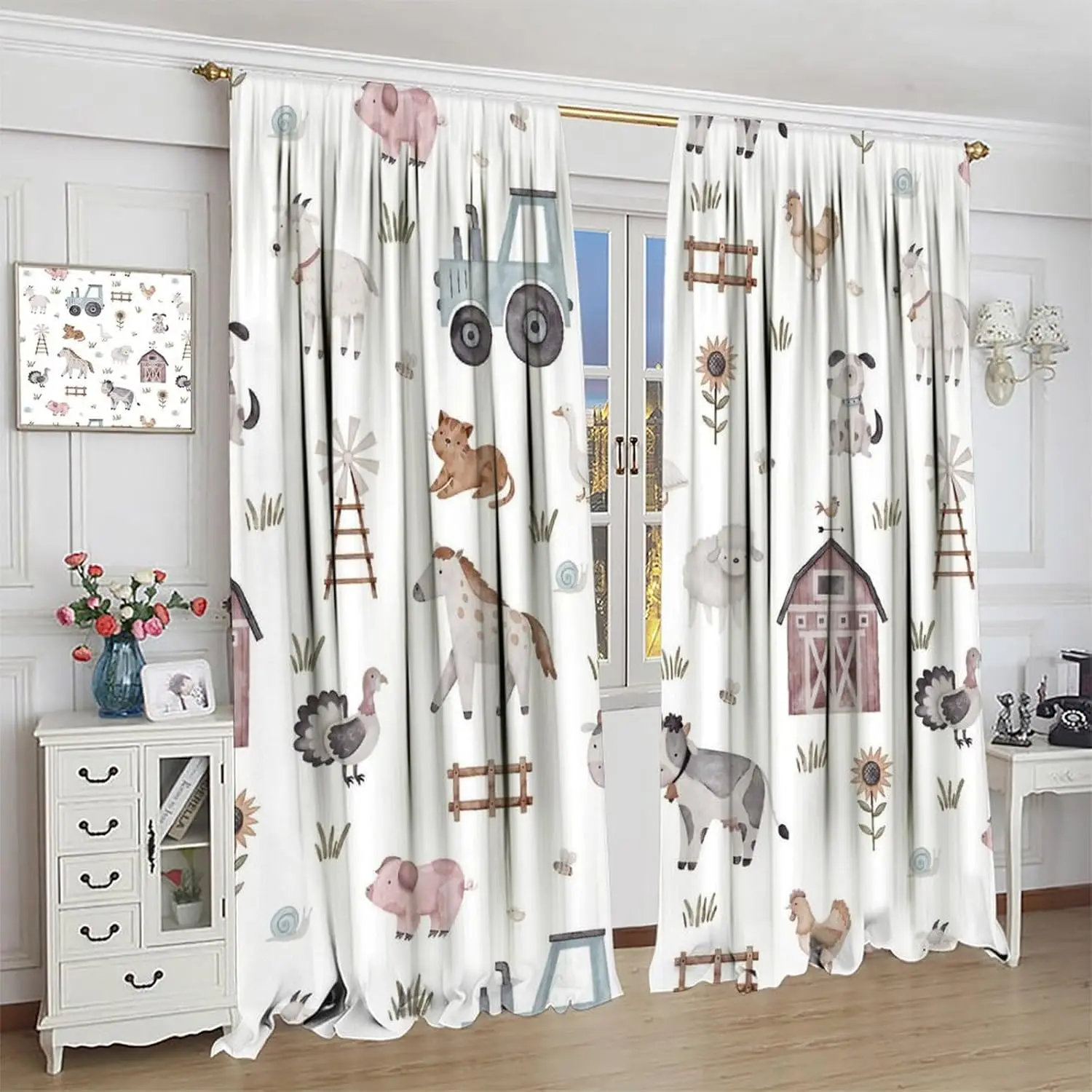 Cartoon Farmhouse Curtains, Farm Truck Tractor Cute Animals Horse Cow Cat Dog Autumn Sunflower Windmill Print Window Treatments
