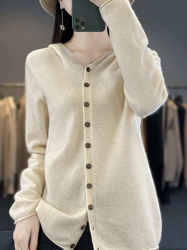 Felpe con cappuccio da donna 100% lana Merino maglione solido manica lunga Casual Cardigan allentato maglieria in Cashmere moda coreana nuovi top in maglia