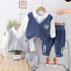 Spring Autumn 2024 Kids Boys 2PCS Clothes Set Spliced Sticker Cotton Polo Shirts Striped Pants Suit Toddler Baby Boys Outfits