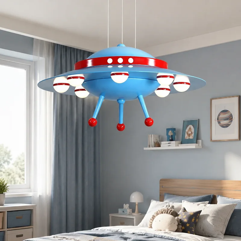 Modern Iron UFO Spaceship Kids Bedroom Decor Minimalist Fun Cartoon Theme Design For Boys And Girls Room Hanging Pendant Lamp