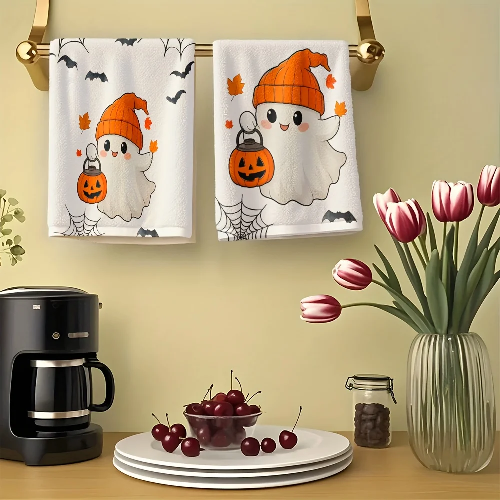 2Pcs Cute Ghost Halloween Kitchen Towels Pumpkin Lantern Bat Spider Web Print Dish Towel Fall Holiday Home Decor Gift