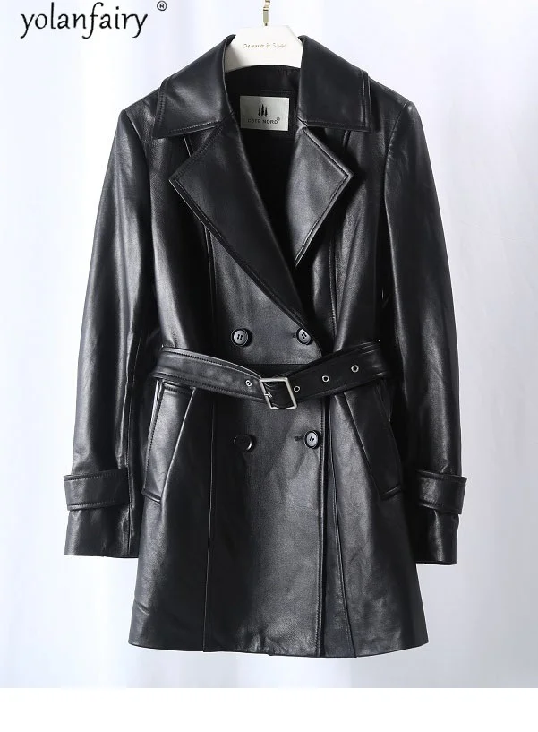 Veste en cuir véritable pour Femme, manteau en peau de Mouton, coupe-vent, Double boutonnage, Trench-Coat, printemps, Veste Mouton