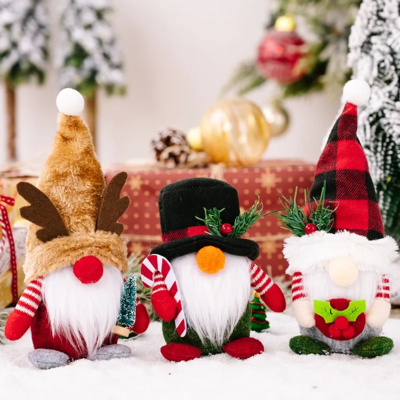 Christmas Decorative Supplies Forest Elder Figurines with Plaid Hats Lovely Antler Gnome Rudolph Dolls, Delicate Table Ornaments