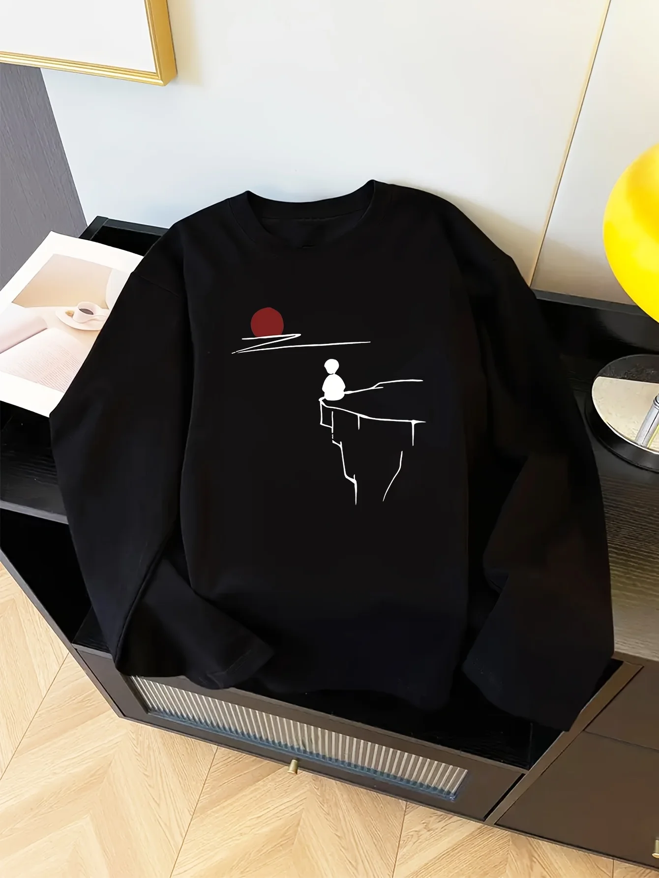 긴팔 티셔츠 - 미니멀리스트 풍경 그래픽이 있는 루즈핏 캐주얼 셔츠(블랙/화이트/레드 악센트)