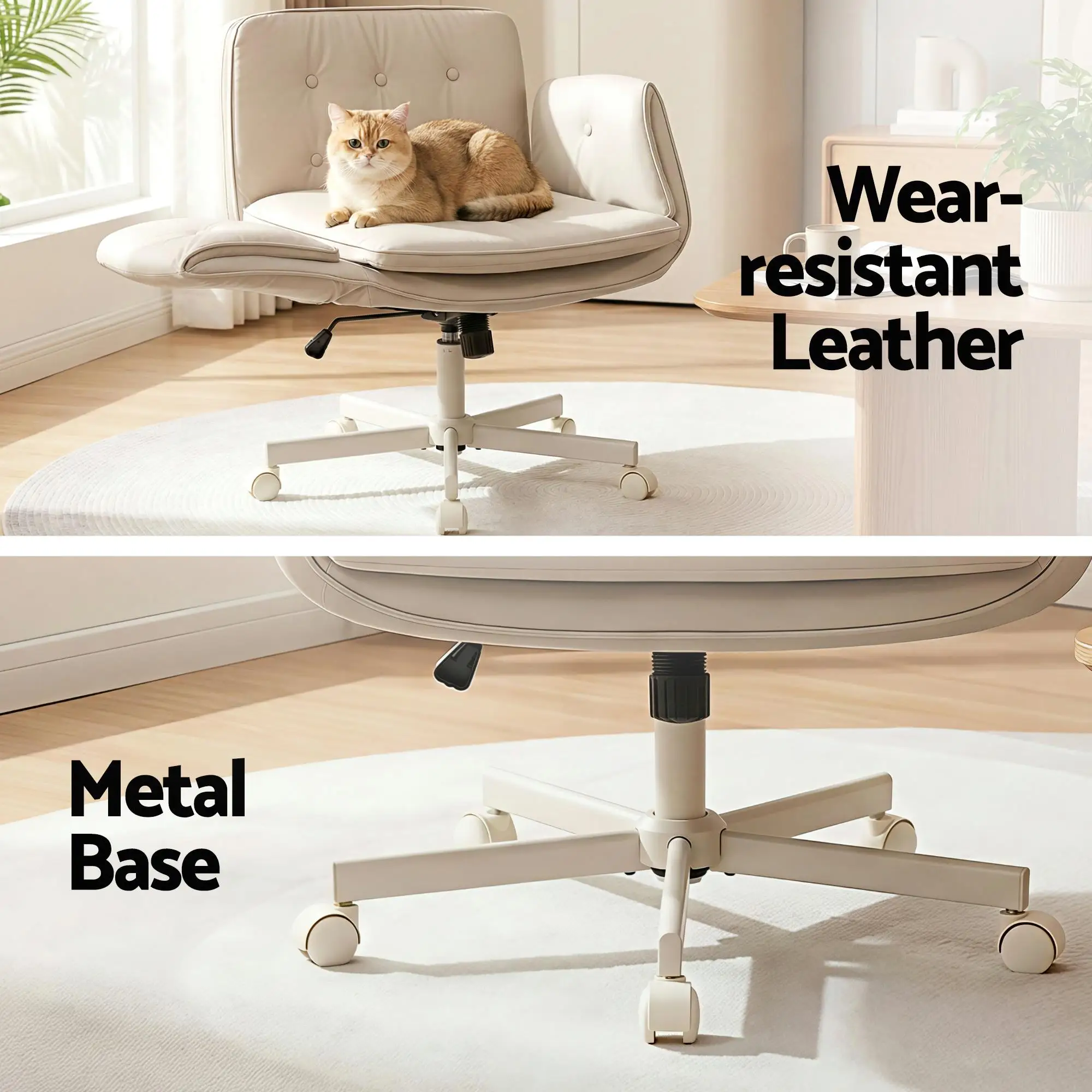 Ergonomic Criss Cross Office Chair with Wheels Adjustable Armrests PU Leather Cross Legged Vanity Chair Swivel Desk Chair for home Bedroom Makeup Computer Beige