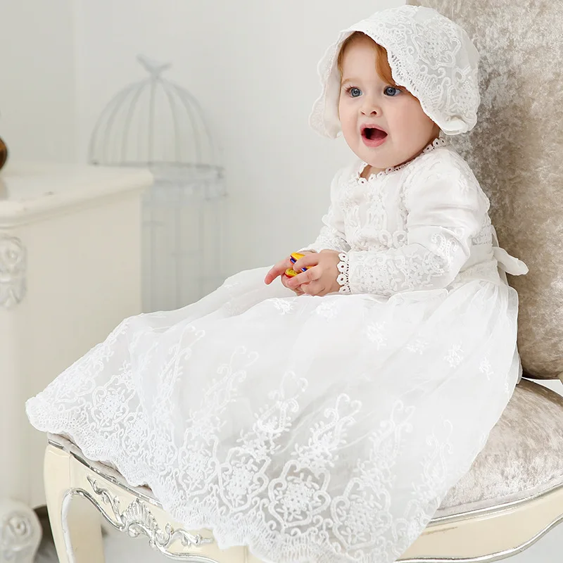 Baby Girl Baptism Dress for Birthday Infant Long Sleeve Party Dress Kid's Lace White Clothes with Hat 0-24M