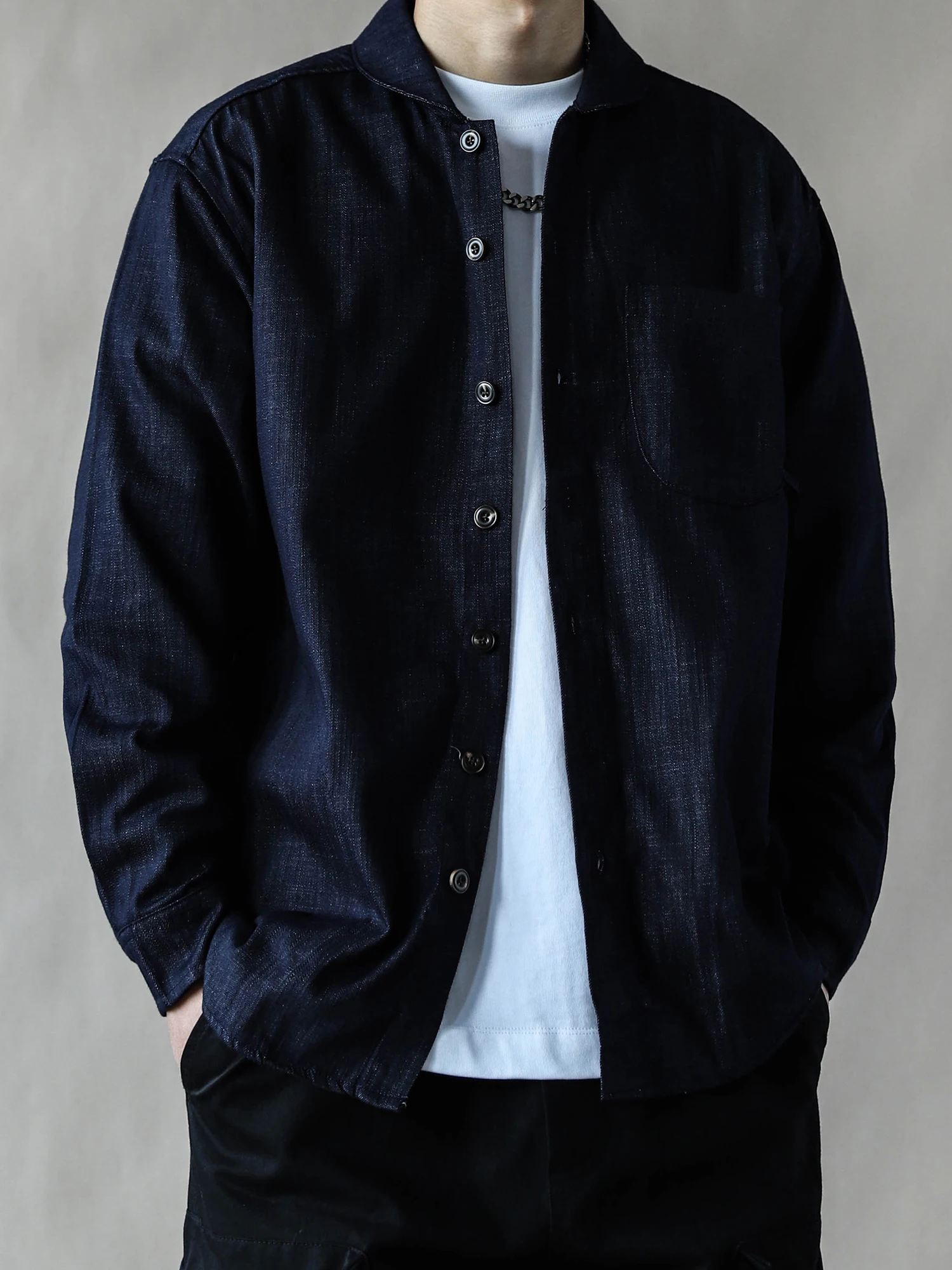 

American Casual Sle Long Sve Loose Fit Stand Collar Men's irt Blue Workwear irt Versatile High-End Feel Spring Autumn