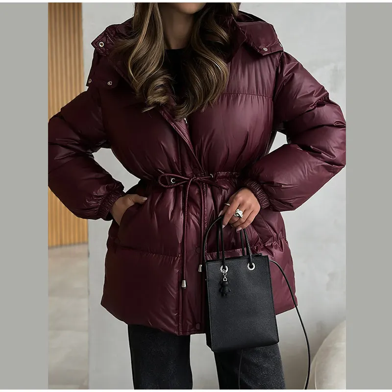  Fashion Solid Cropped Padded Coats Women Detachable Hood Zip Drawstring Hem Warm Jacket 2026 Winter New Lady Casual Outerwear