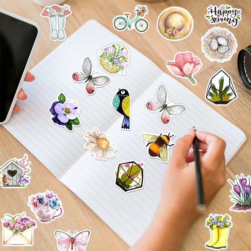 50PCS Exquisite Flowers Insect Watercolor Graffiti Stickers Notebooks Motorcycles Guitar Skateboard Stationery Waterproof Decals