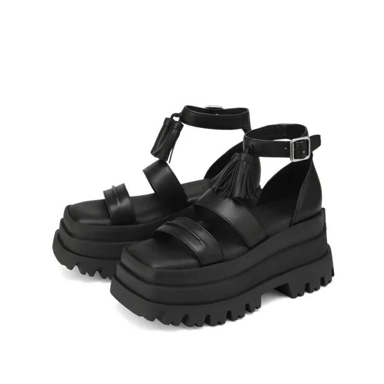Women's Black Chunky Platform Sandals T-Strap Tassel Design Edgy Grunge Style for Music Festivals Streetwear Bold Daily Outfits