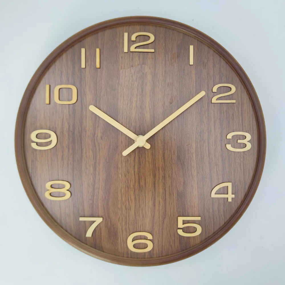 Walnut Color 3D Wooden Round Wall Clock Silent Non Ticking Minimalist Home Decor For Living Room Bedroom Office