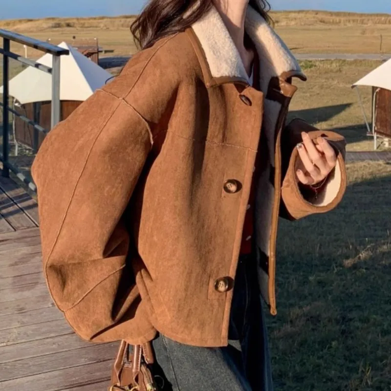 

Двусторонняя флисовая куртка, женская осенне-зимняя модная теплая однобортная куртка кофейного цвета, корейский топ с короткими лацканами