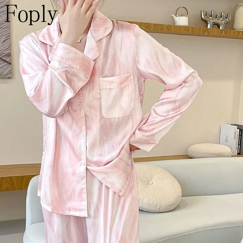 

Gradient Water Ripple Woman Pajamas Spring Summer 2Piece Pyjama Faux Silk Satin Sleepwear Long Sleeve Pijama Mujer Pjs Homewear