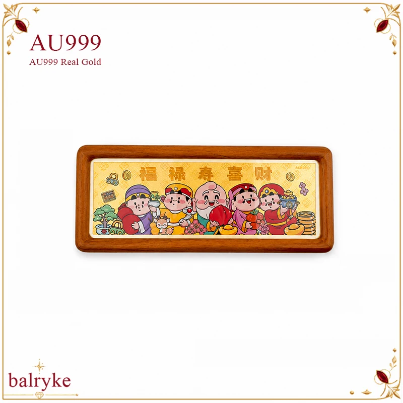 AU999 Five Blessings Gold Foil Wooden Frame Feng Shui Wealth Prosperity Ornament Housewarming Gift with Box Bag Certificate