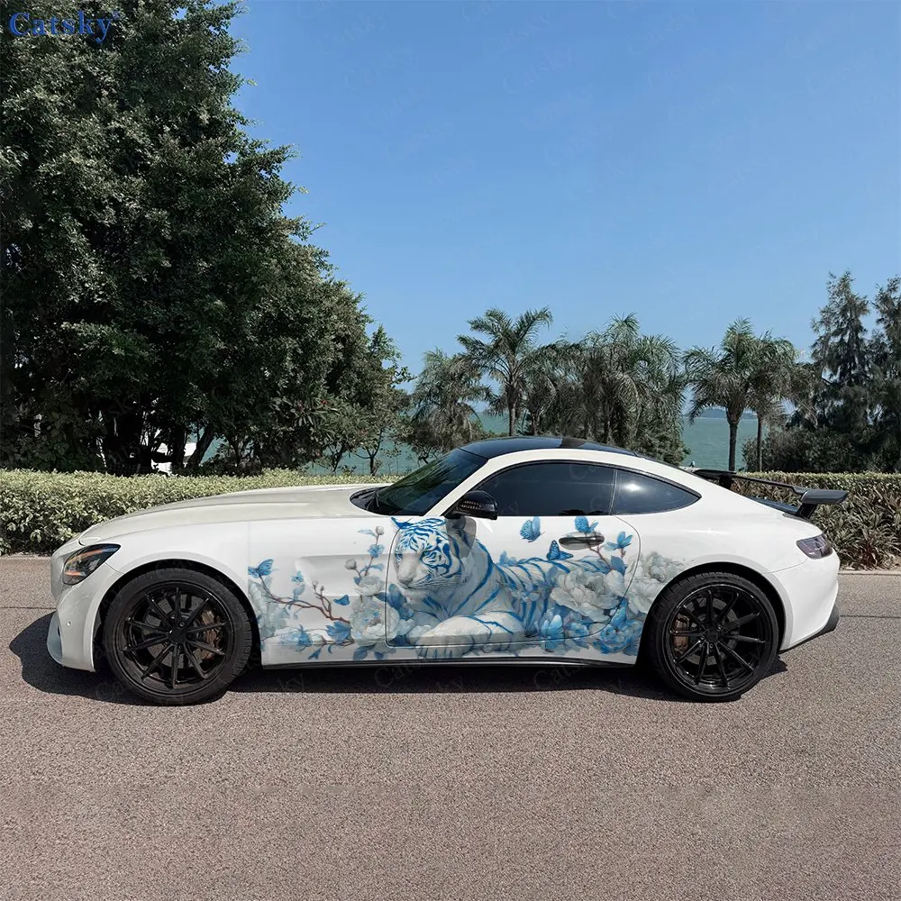 2pcs Tiger Peony Butterfly Car Side Wraps, Self-Adhesive PVC Waterproof & Scratch-Resistant Stickers, Car Accessory Gift