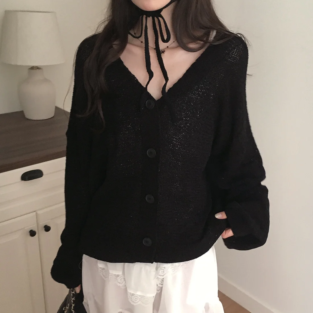 Liangliang paresseux Sle glace soie mince Long Sve tricoté pull femmes été nouveau Vintage lâche Sunade manteau vêtements d'extérieur