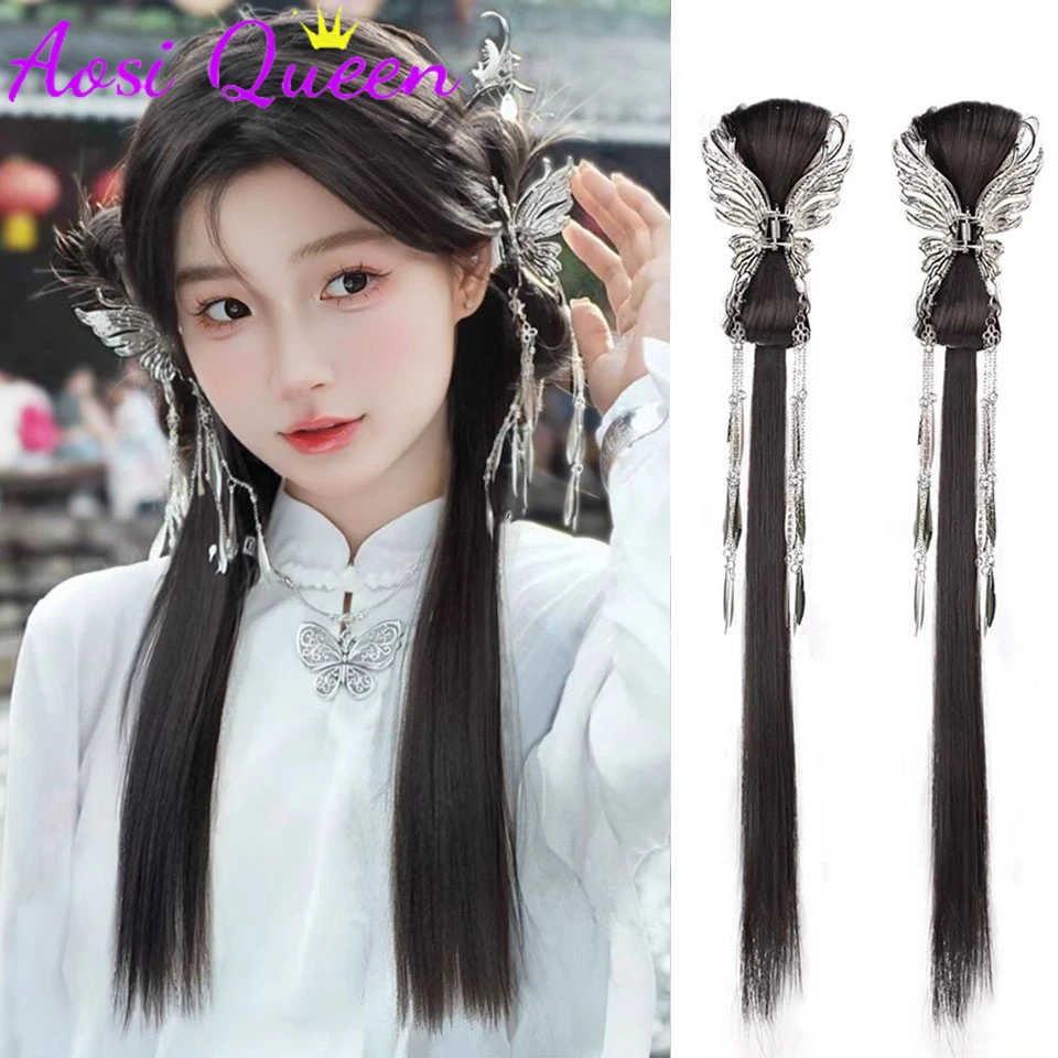 

Синтетический парик AOSI, коса, хвост, бахрома, бант, двойной синтетический хвост, парик для косплея, длинный прямой хвост