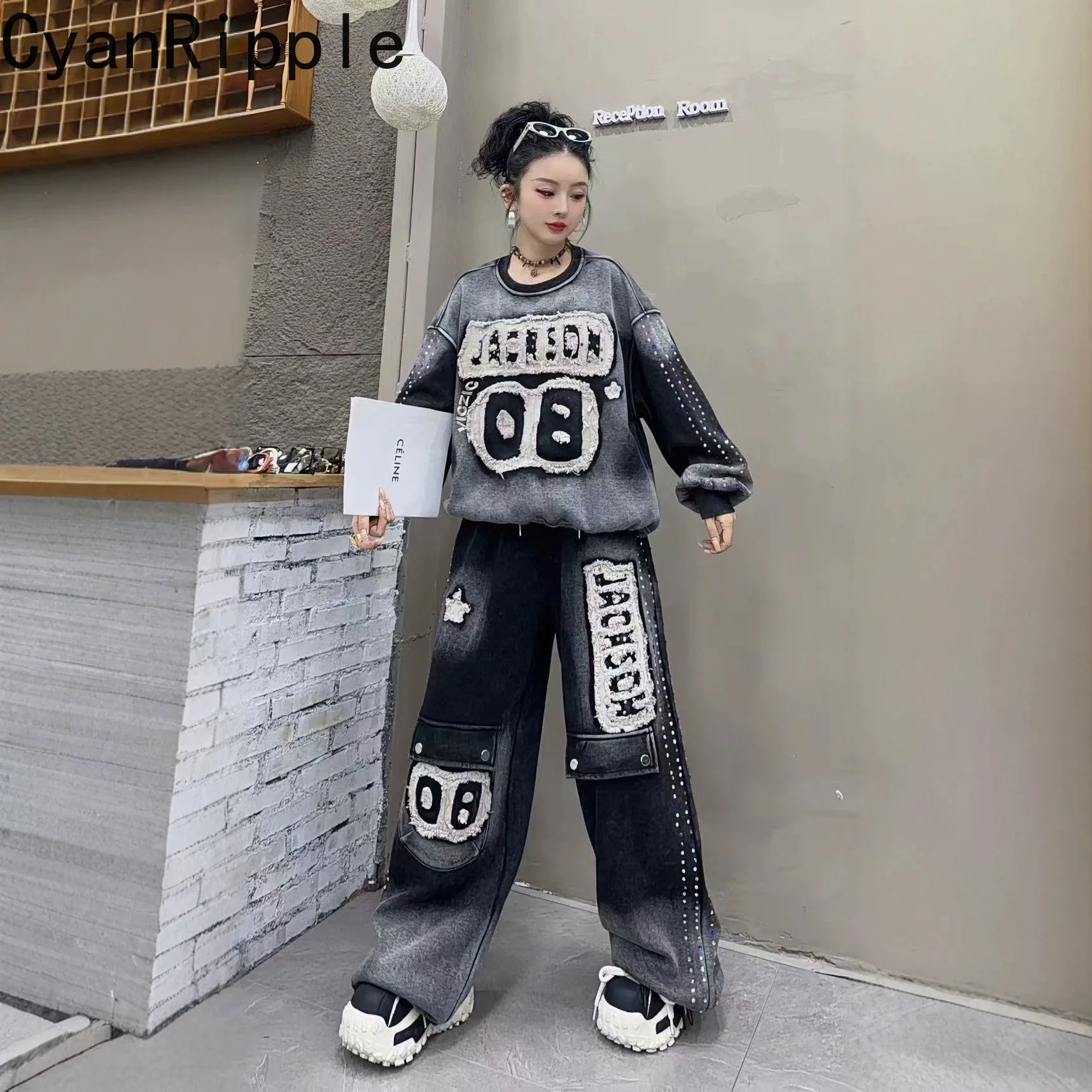 Trendy New Autumn Winter Women Hoodie Set Thicken Velvet Patch Letters Loose Pullover Top+Diamonds Elastic Waist Wide Leg Pants