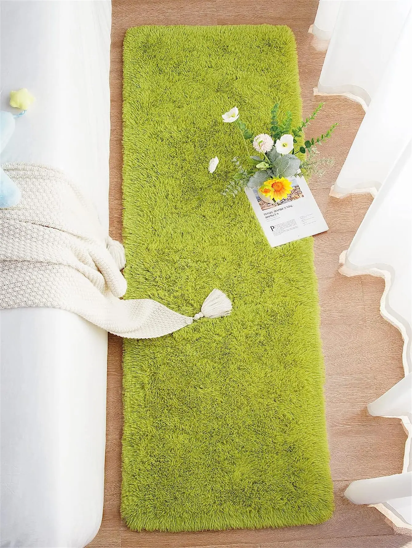 Loyangogo-alfombra decorativa de felpa larga y suave, color verde, adecuada para habitación, sala de estar, dormitorio y mesita de noche