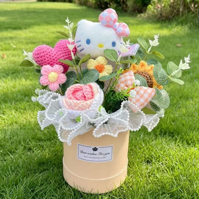 Echte Hellokitty Plüschtiere mit Gehäkelten Blumen Kreative Sträuße Tischdekoration für Zuhause Weihnachts- Geburtstags- und Neujahrsgeschenk – Detail 7