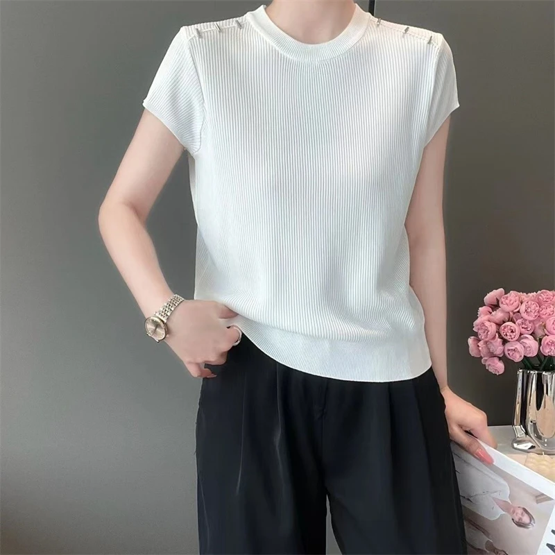 Women Clothing 2024 Summer Stylish Simple Casual Short Sleeve Rib Knit T-shirt Female Elegant Solid O Neck Loose Pullover Tops