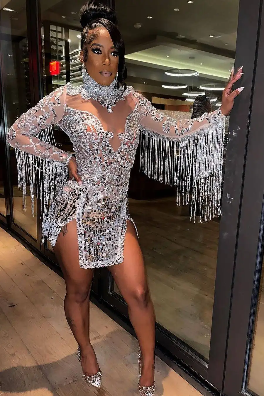 

Liaorao Shining Sequins Tassels Prom Dresses for Women Celebrate Party Dress Night Out Attire Luxury Fashion Disco Style Gown