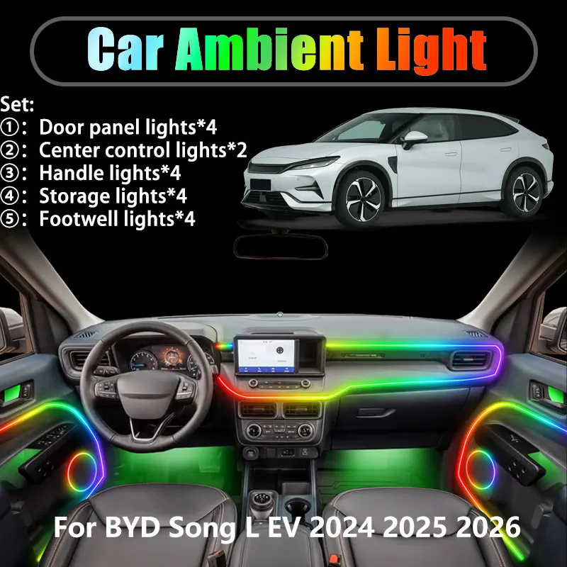 

For BYD Song L EV 2024 2025 2026 SUV 2/18 in 1 Car ambient lighting Led trunk interior led lights USB RGB Ensemble Streamer Auto
