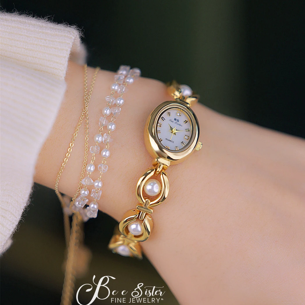 Original Brand Women\'s Watches 2024 Fashion Pearl Bracelet Golden Quartz Watch Lady Elegant Jewelry Watches Gift For Girlfriend