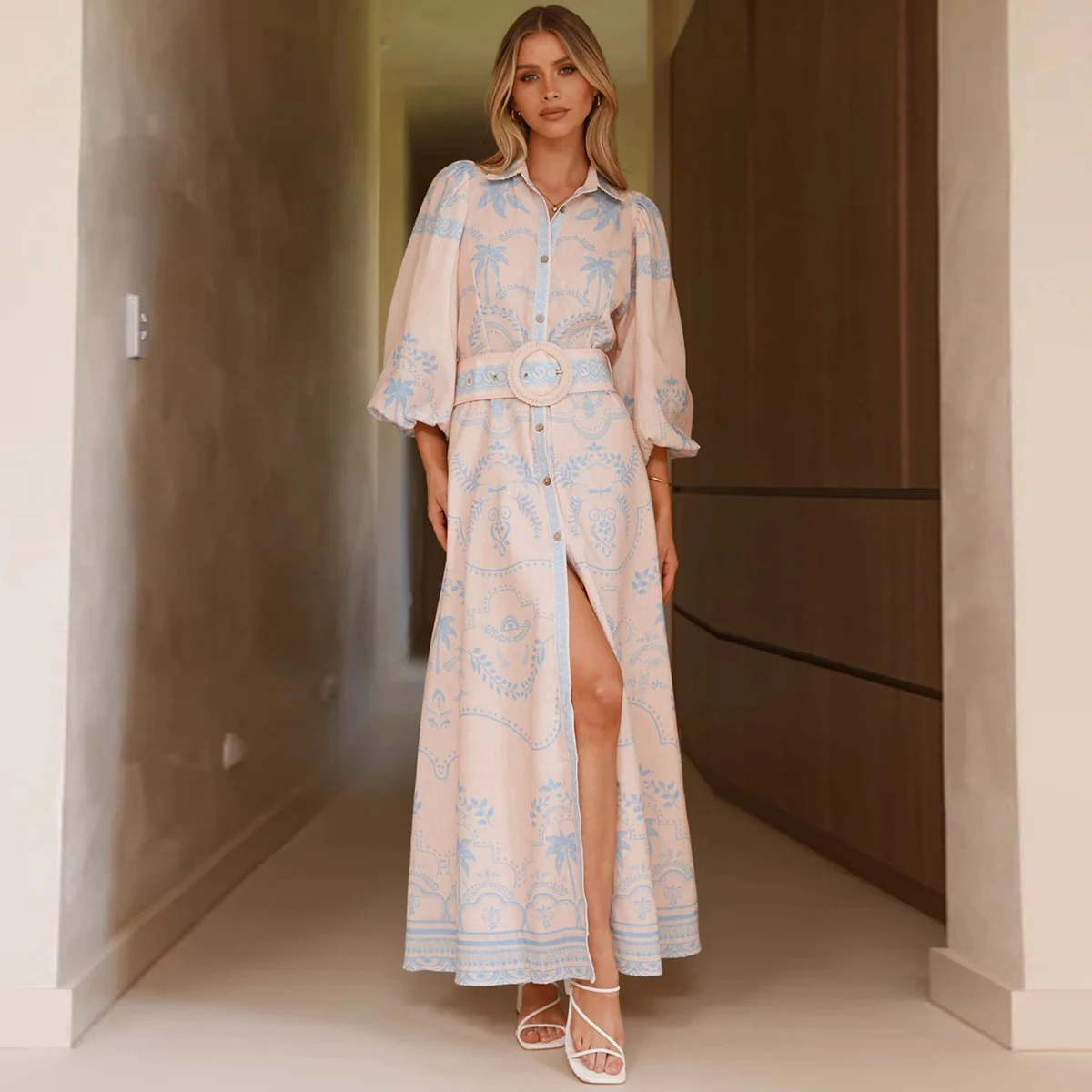 Frauen Hemd Kragen Vintage Floral Print Puff Sleeve Einreiher Frühling Sommer Lange A-linie Leinen Kleid