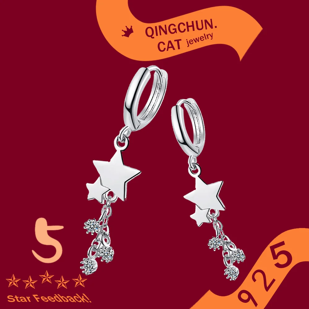 

Women Wedding Jewelry Popular Zircon Tassel Star Earring Exquisite Stamp 925 Sterling Silver Earrings Lady Party Accessories